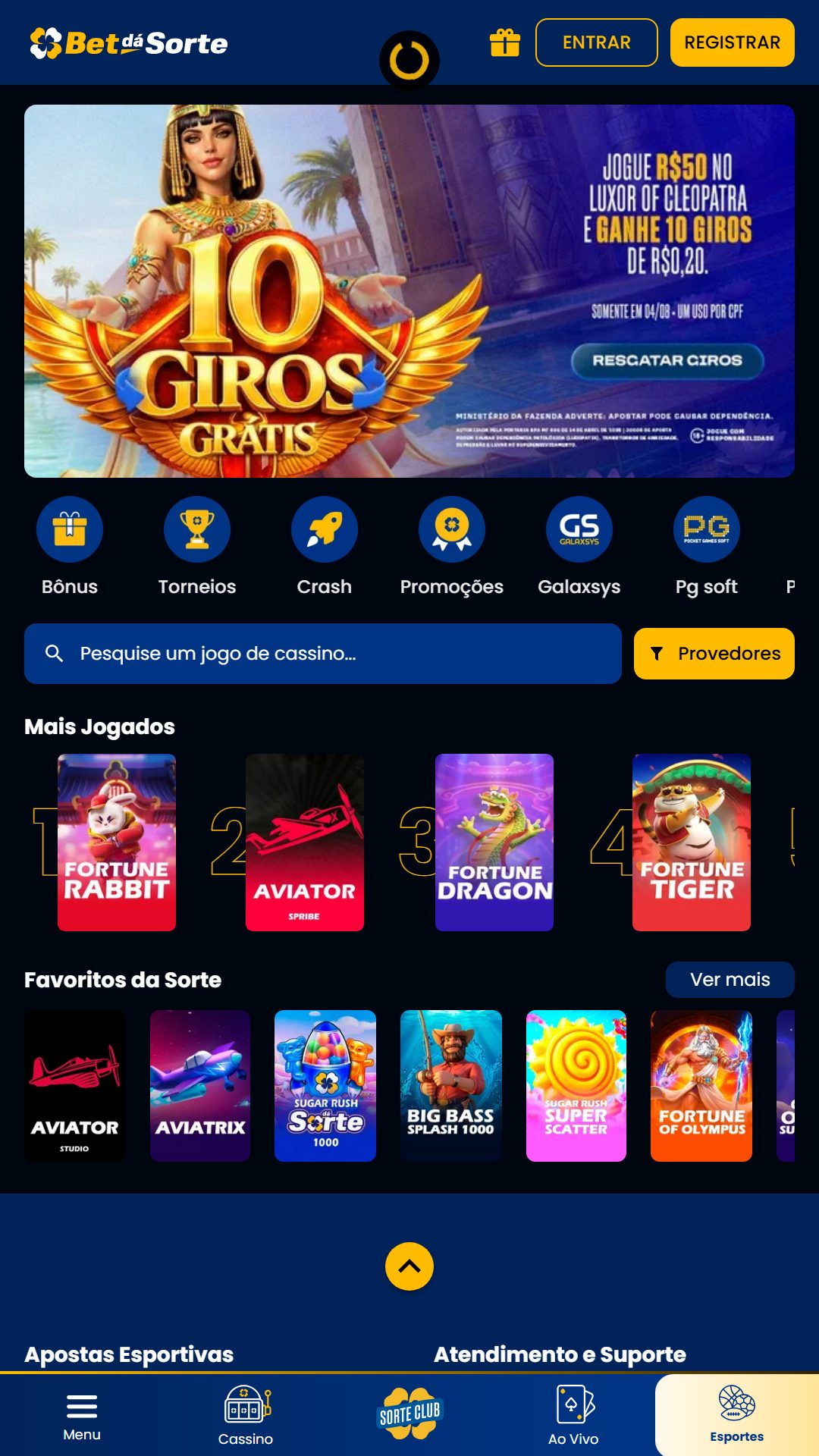 Home screen of Bet dá Sorte
