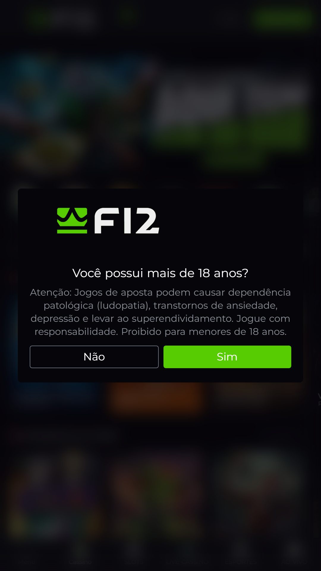 Home screen of F12.Bet