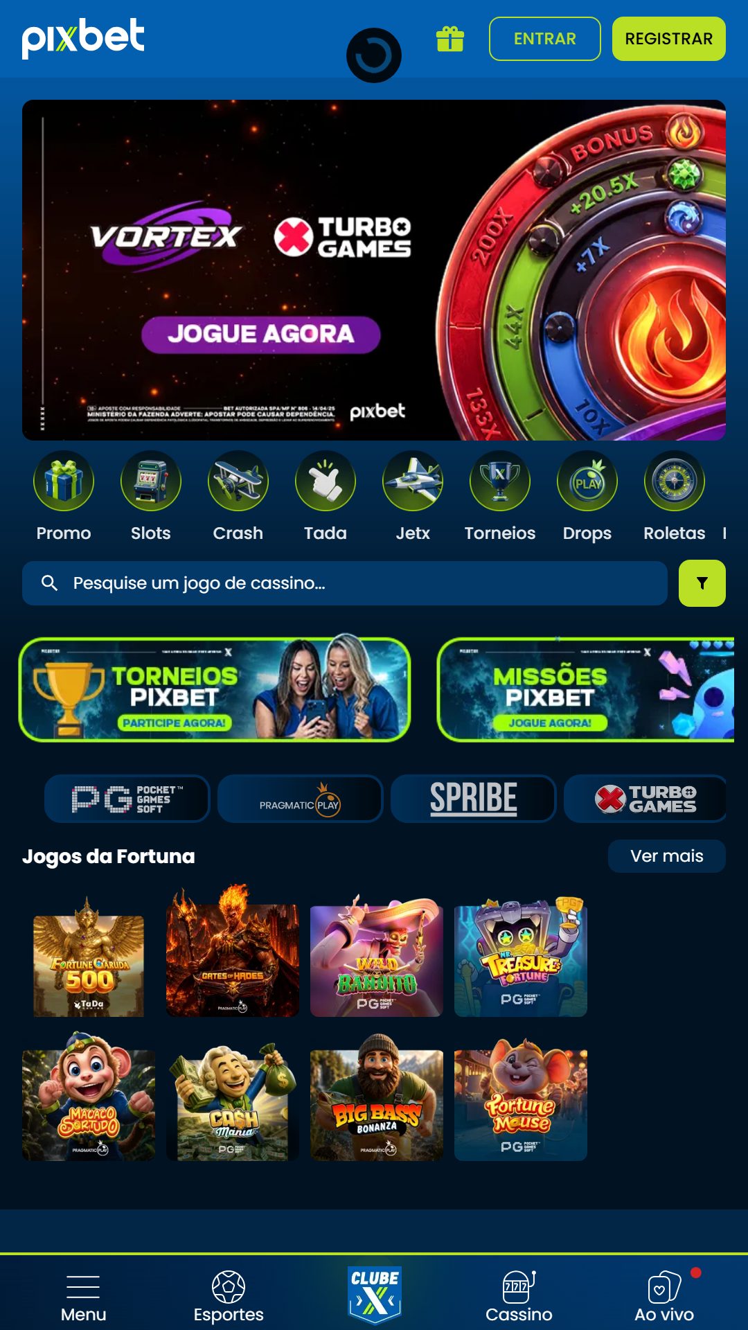 Home screen of PixBet