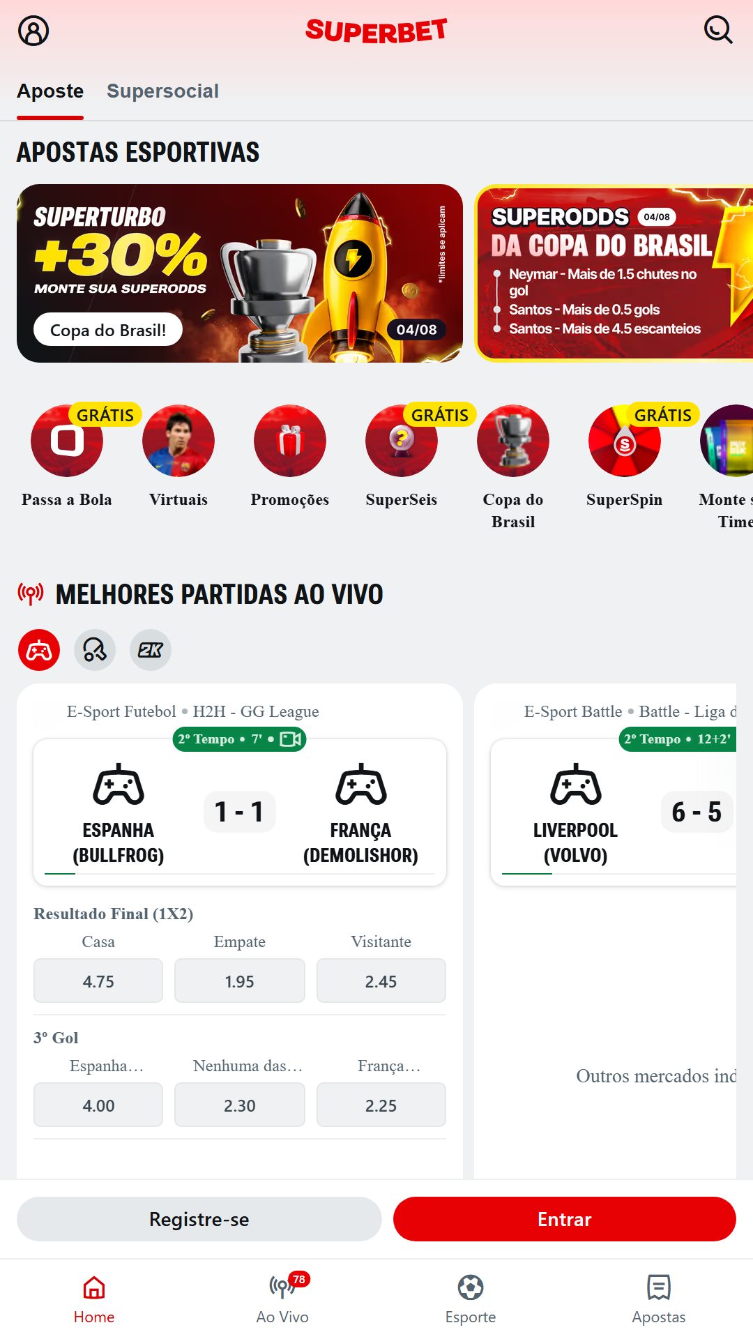 Home screen of Superbet